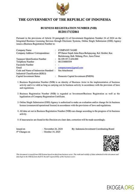 Modèle Word et PDF de numéro d'enregistrement d'entreprise indonésien